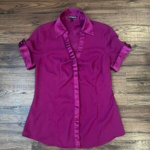 Express Purple Short Sleeve‎ Button Up Ruffle Grunge Coquette Satin Women Small